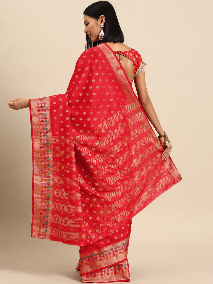 Red Resham & Zari Woven Bordered Silk Saree with Ethnic Motifs