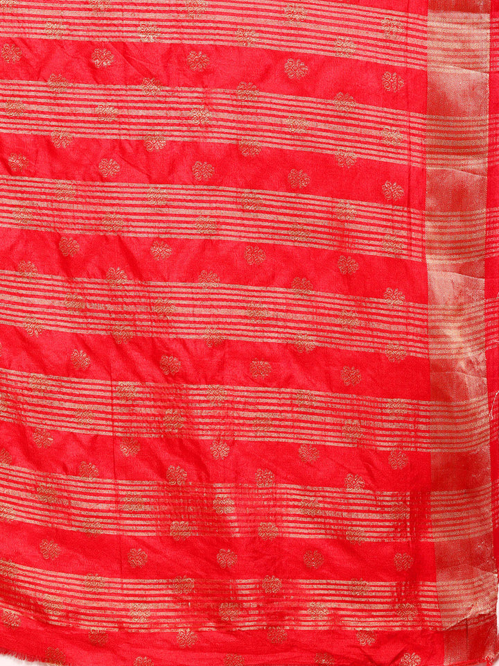 Red Resham & Zari Woven Bordered Silk Saree with Ethnic Motifs
