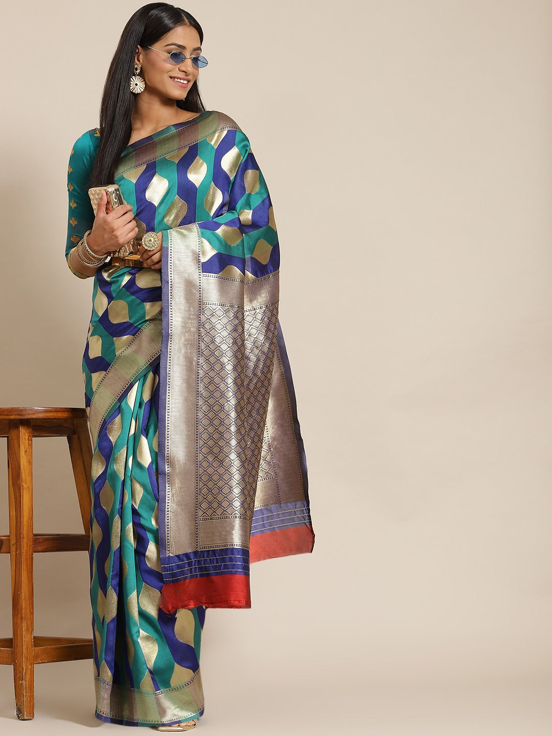 Blue & Teal Geometrical Silk Blend Banarasi Saree with Color Blocking