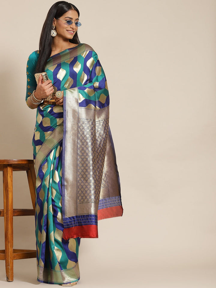 Blue & Teal Geometrical Silk Blend Banarasi Saree with Color Blocking