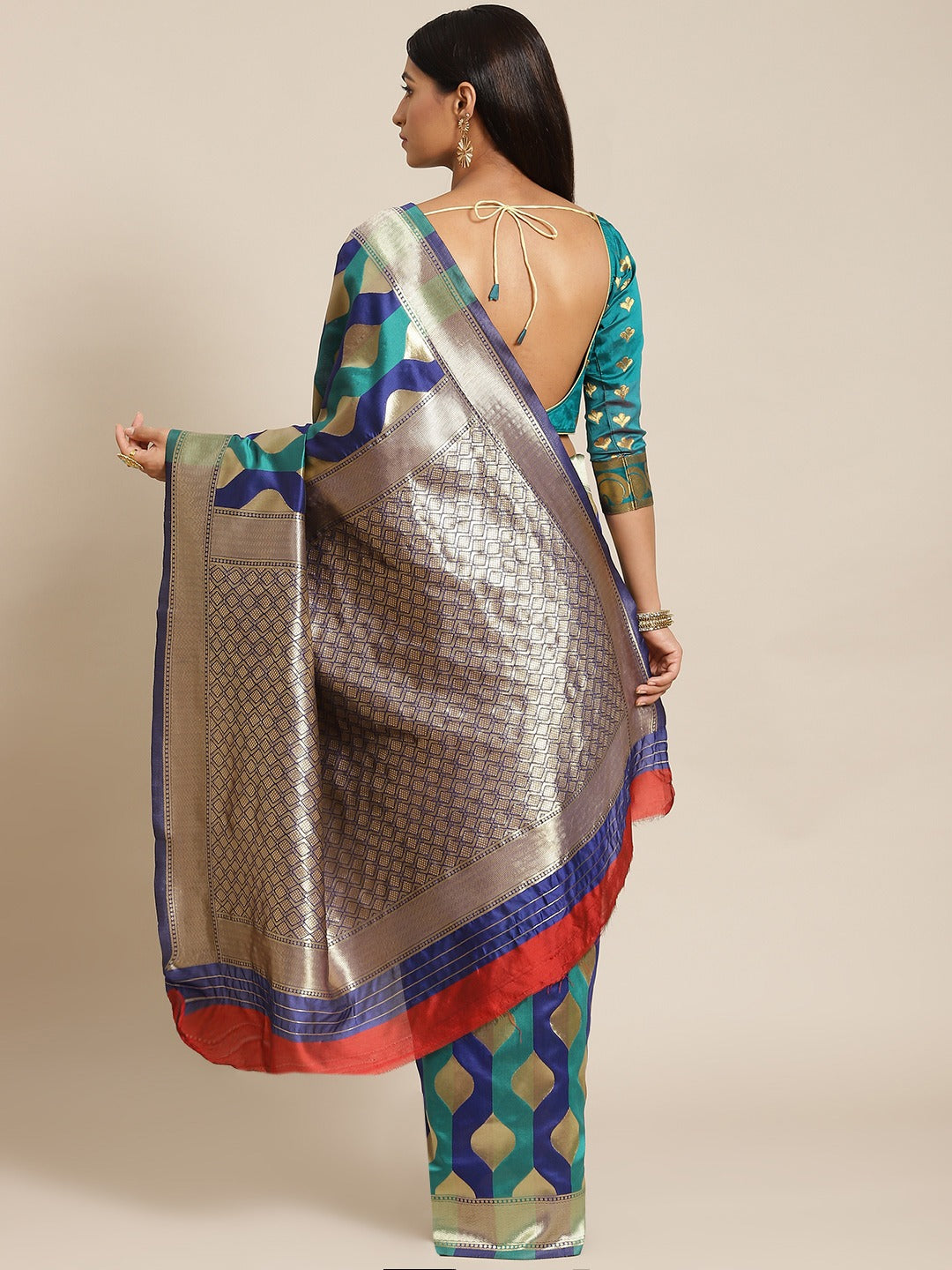 Blue & Teal Geometrical Silk Blend Banarasi Saree with Color Blocking