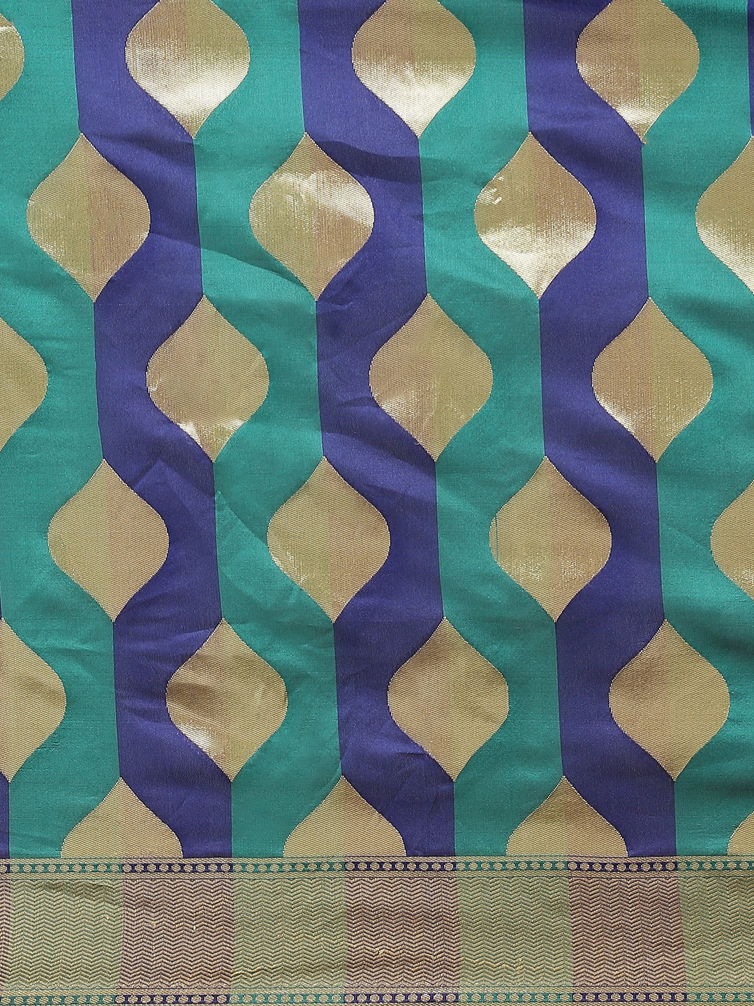 Blue & Teal Geometrical Silk Blend Banarasi Saree with Color Blocking