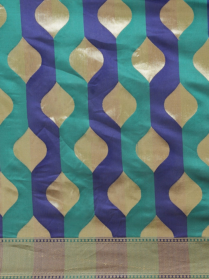 Blue & Teal Geometrical Silk Blend Banarasi Saree with Color Blocking