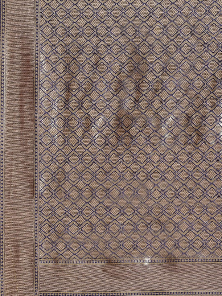 Blue & Teal Geometrical Silk Blend Banarasi Saree with Color Blocking