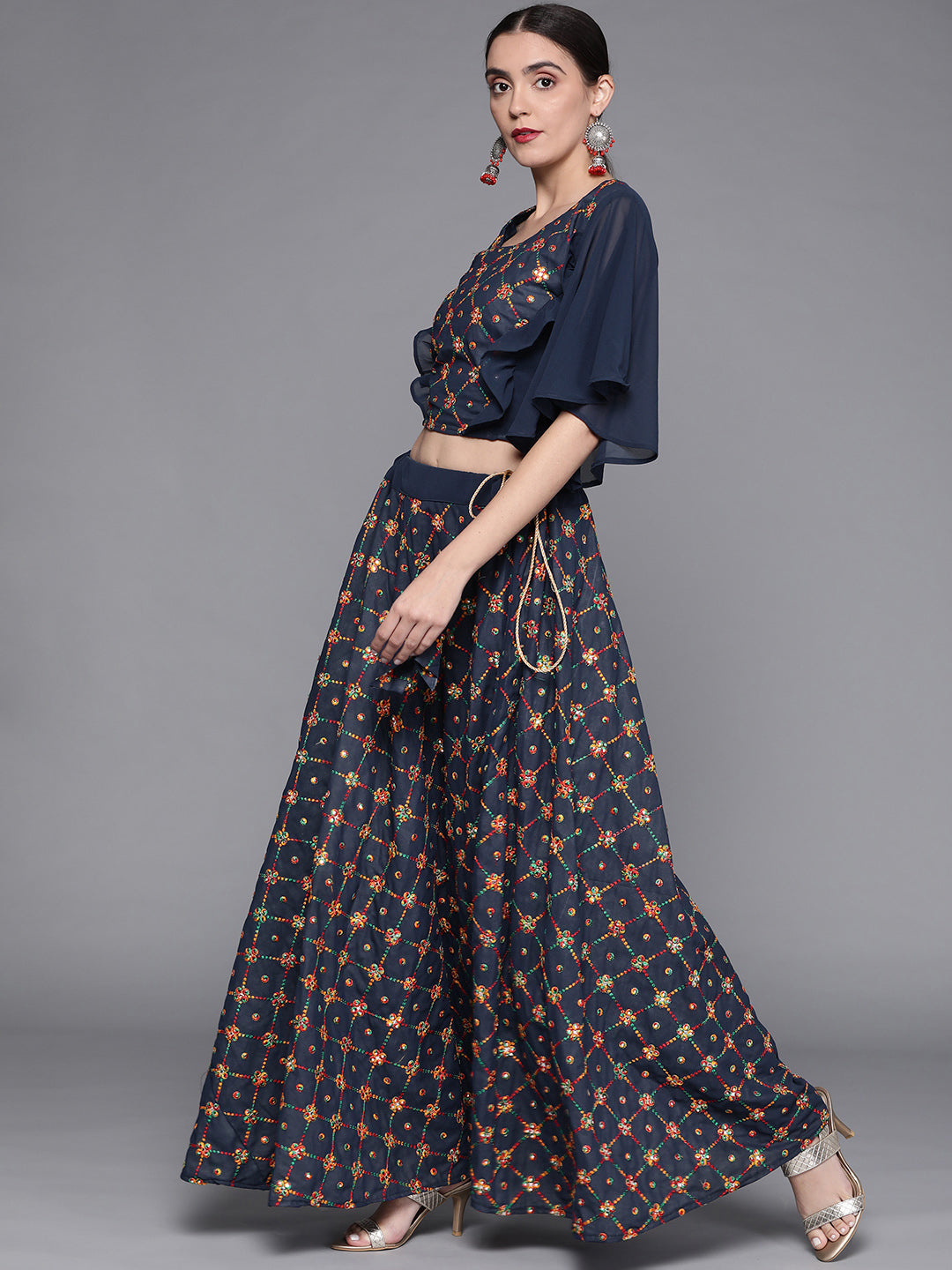 Crop-Top Skirt Set With Resham Embroidery, Mirror Work, Frill Sleeves