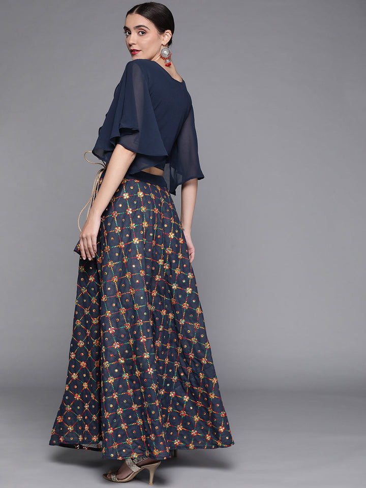 Crop-Top Skirt Set With Resham Embroidery, Mirror Work, Frill Sleeves
