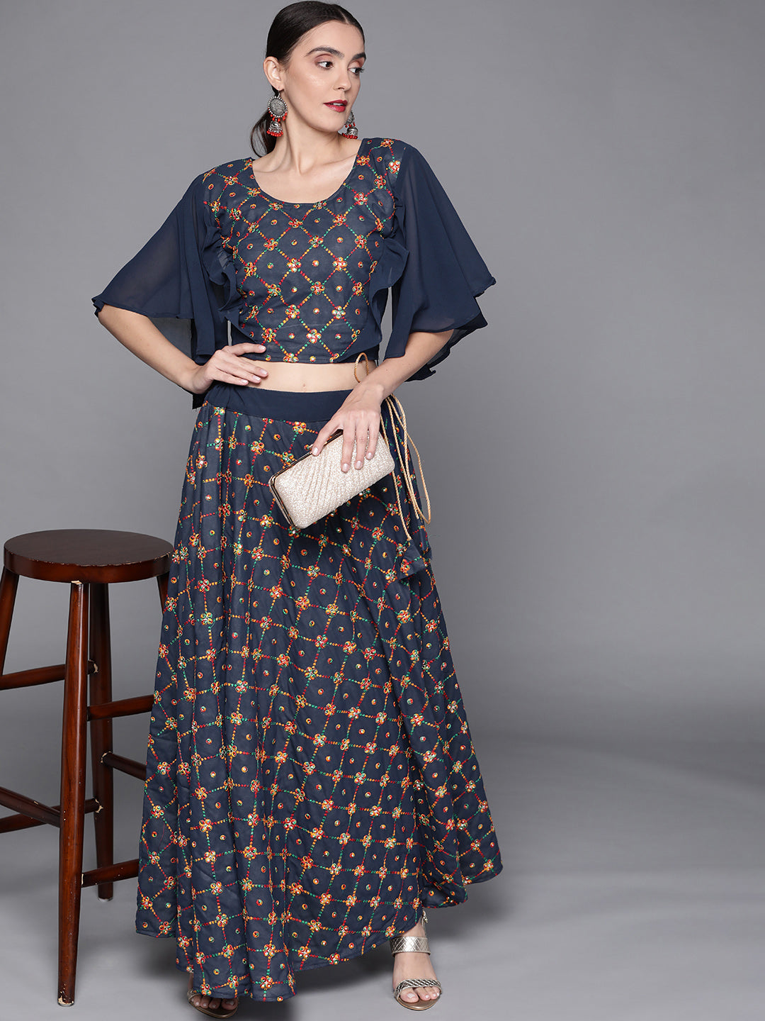 Crop-Top Skirt Set With Resham Embroidery, Mirror Work, Frill Sleeves