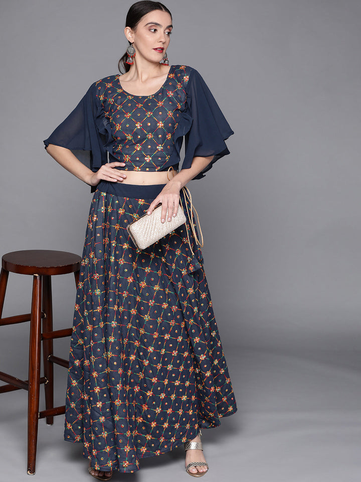 Crop-Top Skirt Set With Resham Embroidery, Mirror Work, Frill Sleeves