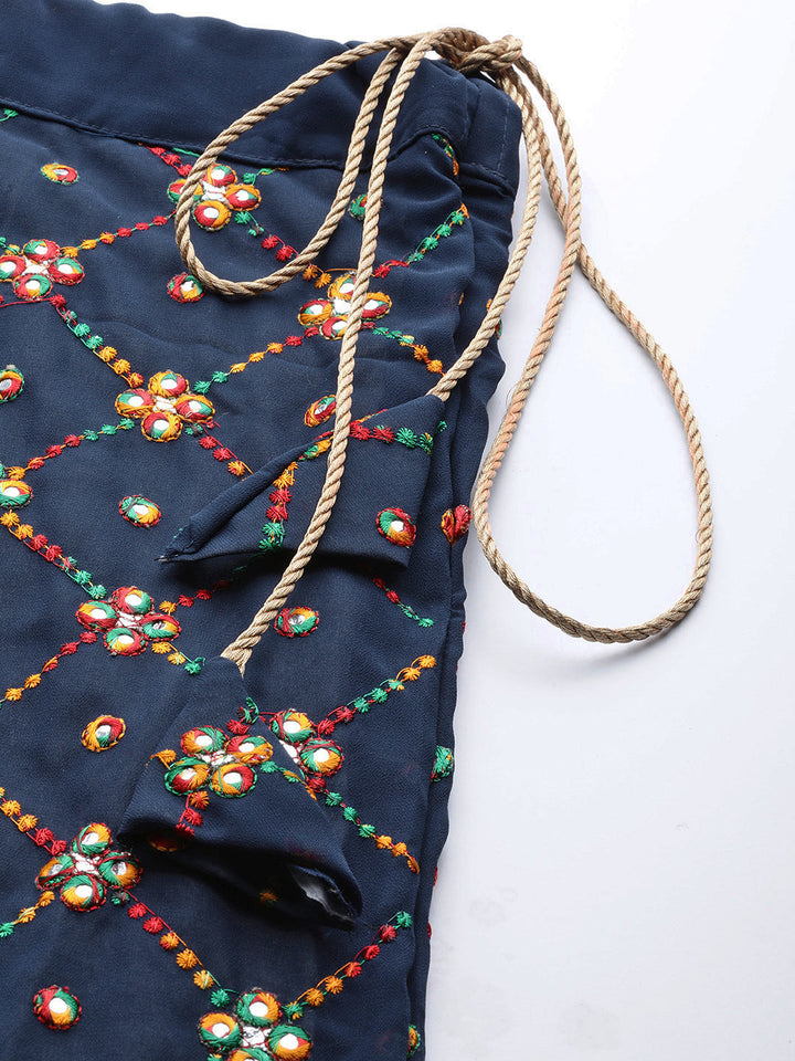 Crop-Top Skirt Set With Resham Embroidery, Mirror Work, Frill Sleeves