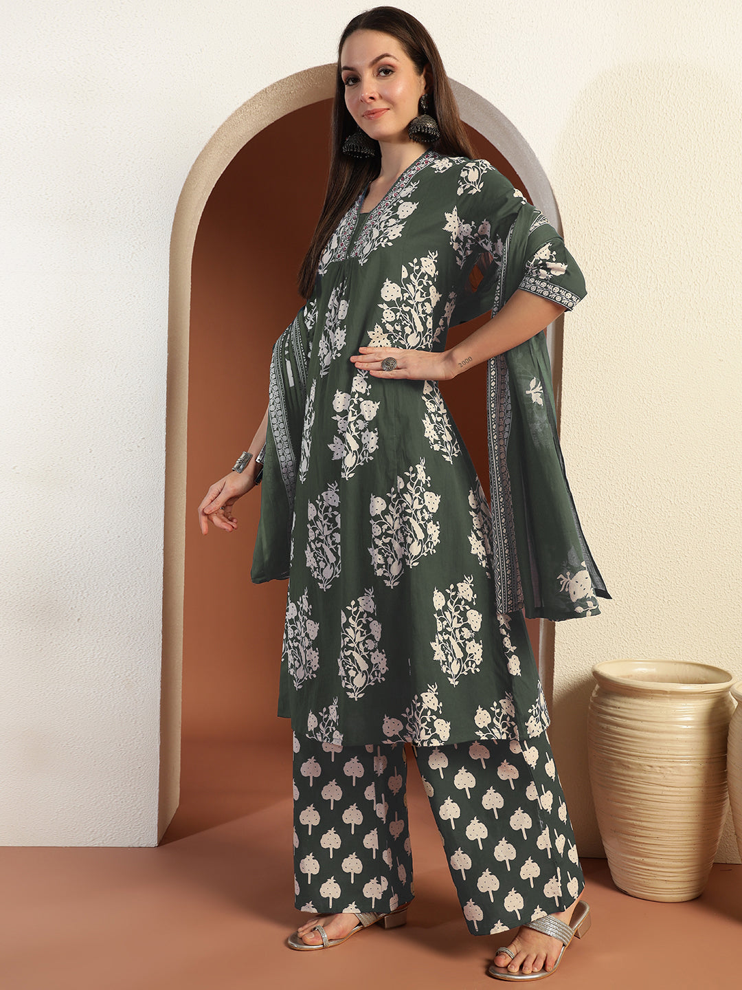 Mirror Embellished Cotton Suit Dupatta with Schiffli Laces & Reverse Tropical Print