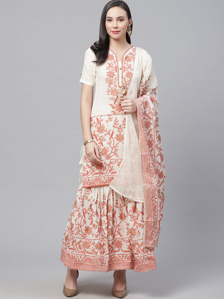 Pure Cotton Cambric Block Printing Stitched Suit with Gotta-Patti Embroidery & Sharara