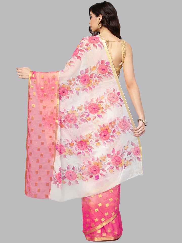 Pastel Chiffon Ombre Pink Saree with Floral hand Painting and Handloom Woven Design