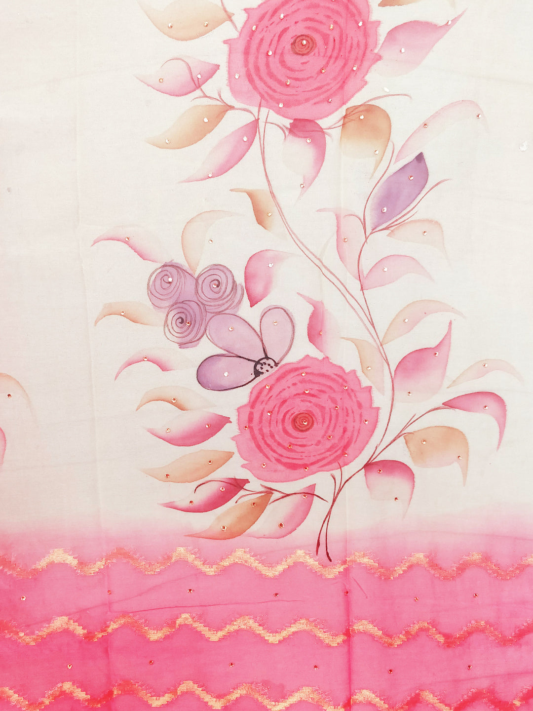 Pastel Chiffon Ombre Pink Saree with Floral hand Painting and Handloom Woven Design