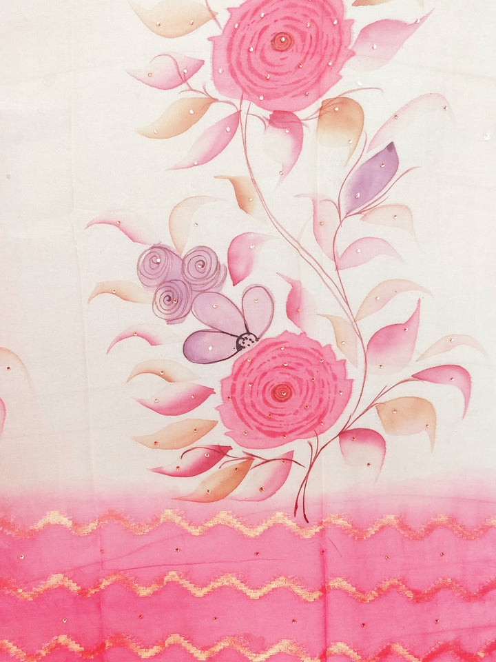 Pastel Chiffon Ombre Pink Saree with Floral hand Painting and Handloom Woven Design