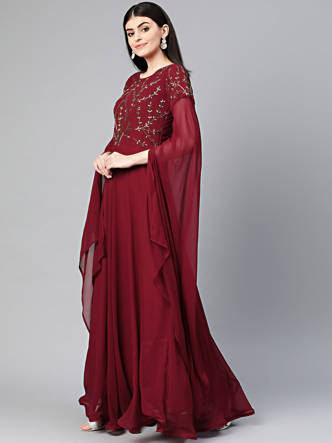 Georgette Anarkali Cocktail Gown with Batwing Sleeves
