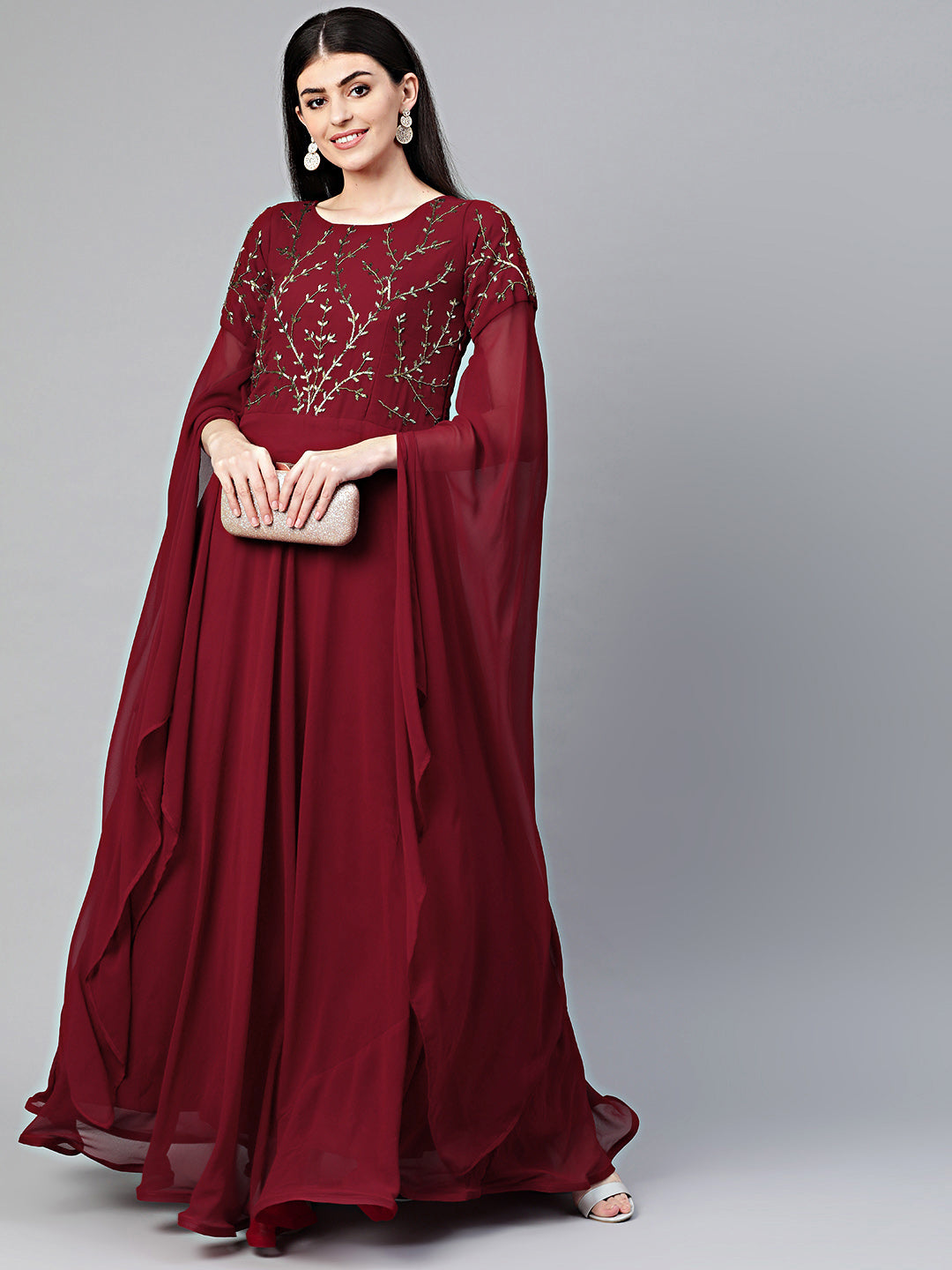 Georgette Anarkali Cocktail Gown with Batwing Sleeves