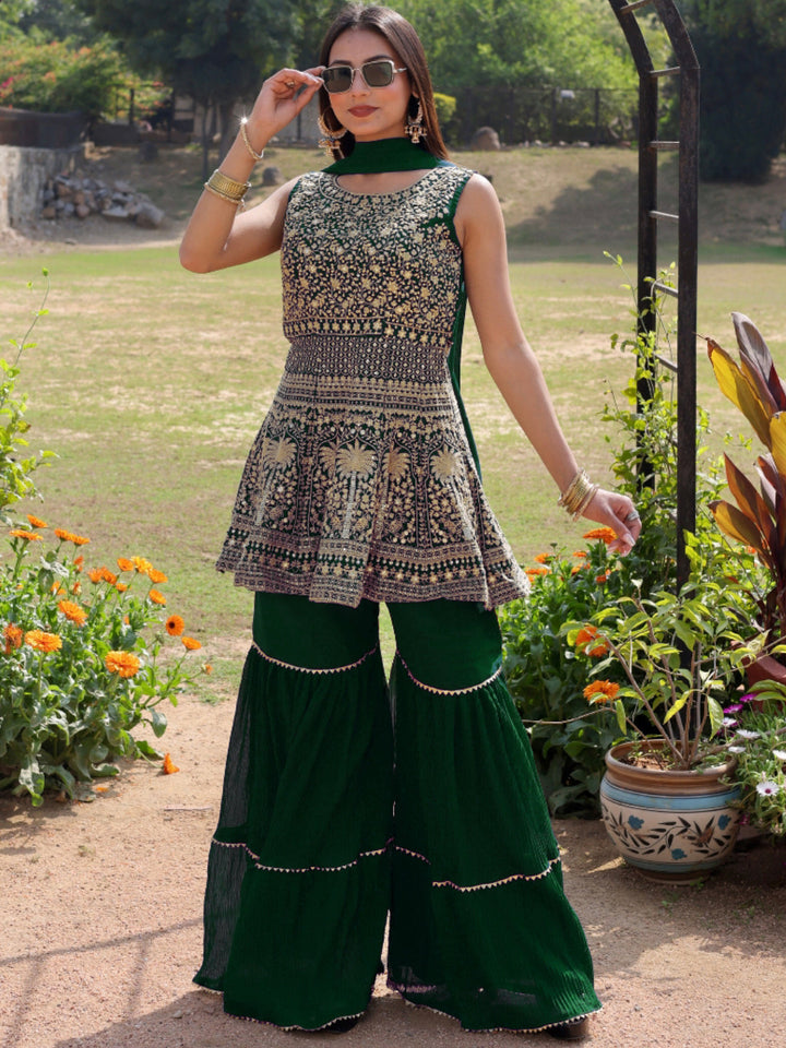 Aari Embroidered Peplum Kurta Sharara Set & Sequin Embellishments