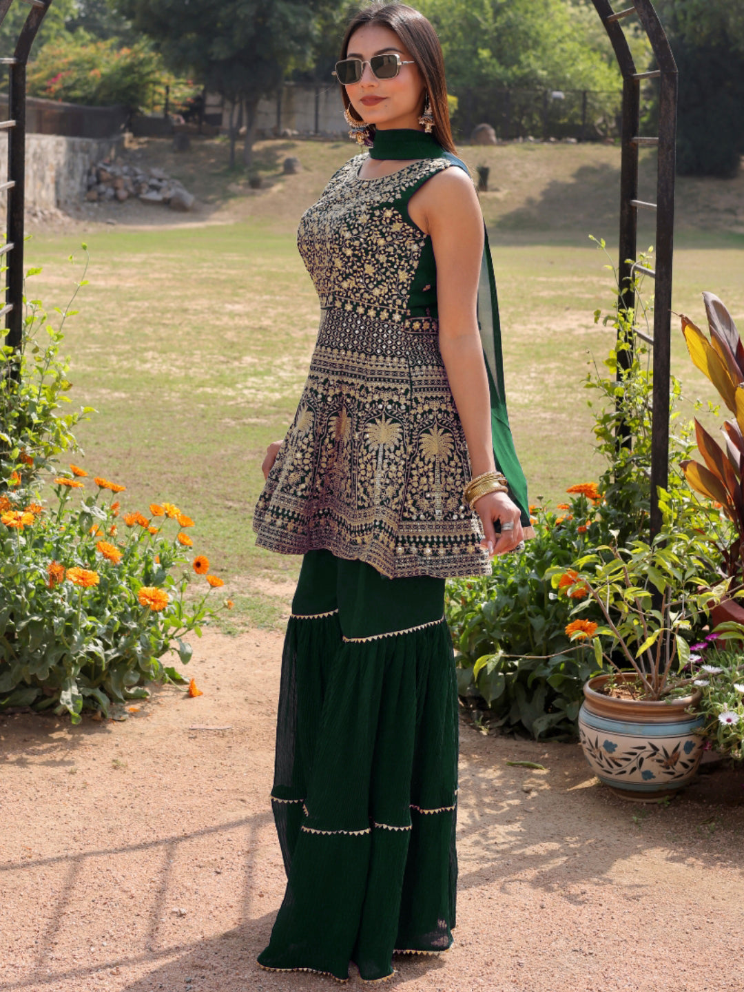 Aari Embroidered Peplum Kurta Sharara Set & Sequin Embellishments