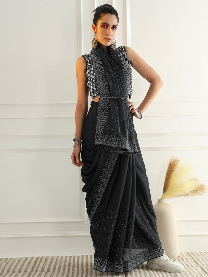 Georgette Cocktail Saree with Intricate Crystal Embellishments