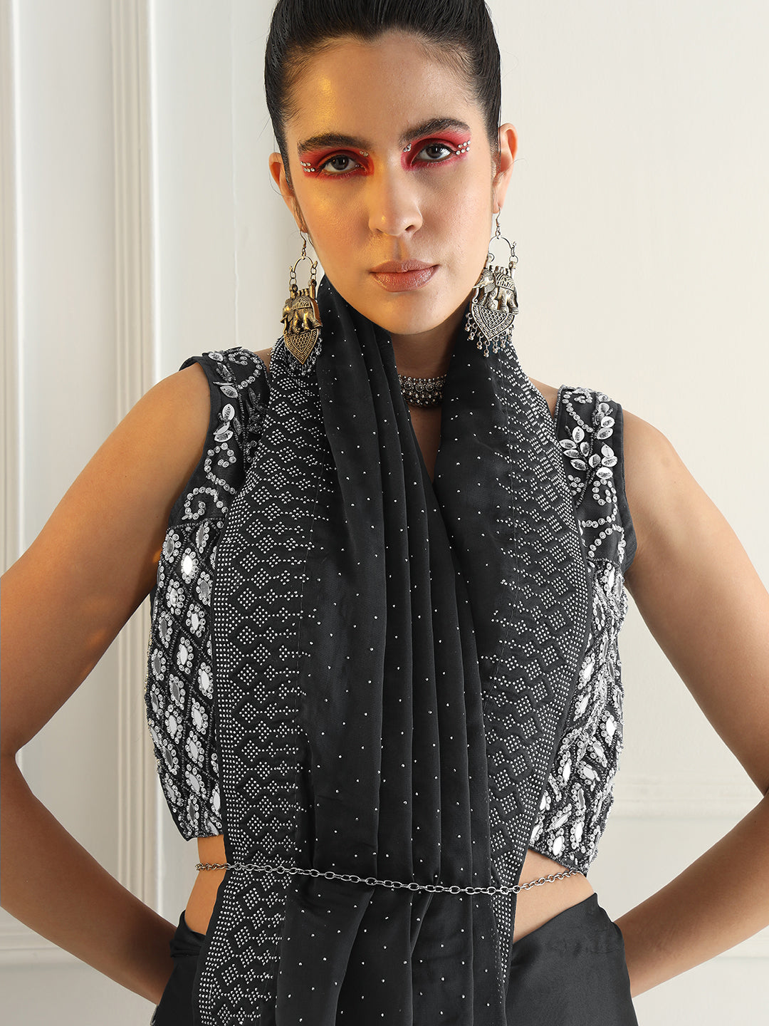 Georgette Cocktail Saree with Intricate Crystal Embellishments