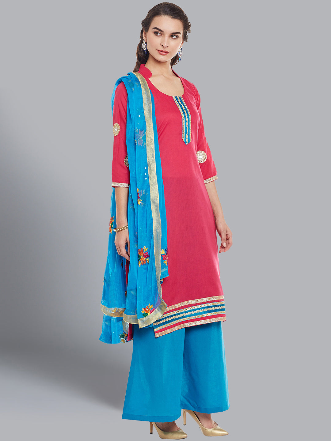 Cotton Dress Material with Floral Resham Phulkari Embroidery