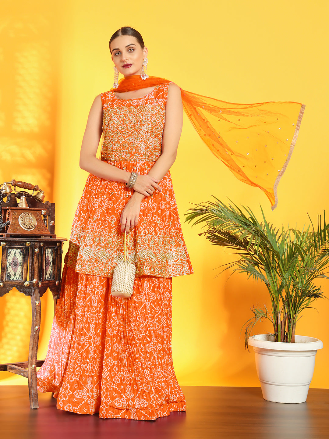 Chhabra 555 Bandhani Print Pleated Lehenga with Peplum Embroidered Kurta & Sequinned Dupatta