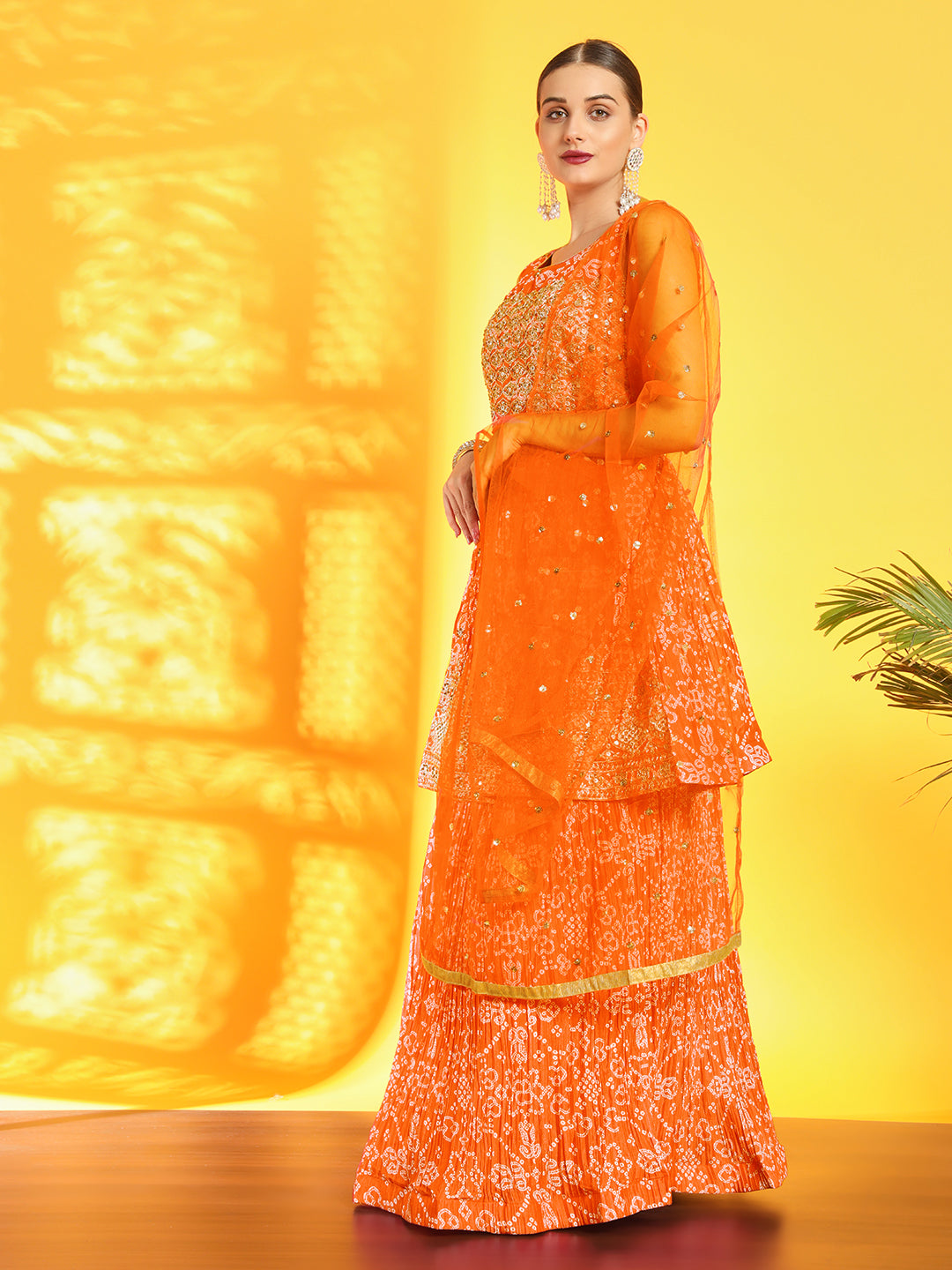 Chhabra 555 Bandhani Print Pleated Lehenga with Peplum Embroidered Kurta & Sequinned Dupatta