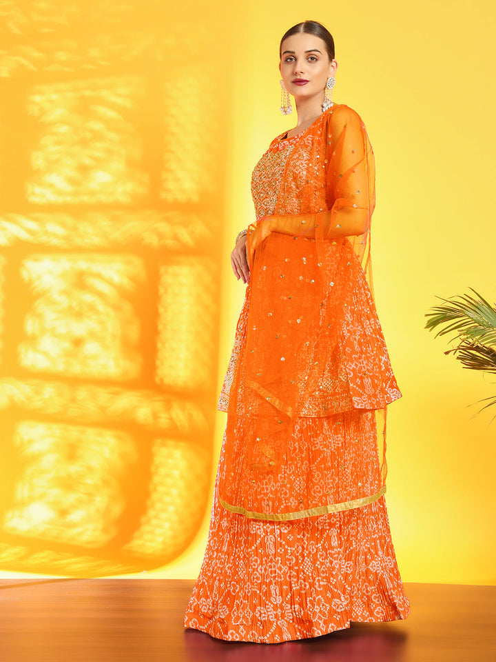 Chhabra 555 Bandhani Print Pleated Lehenga with Peplum Embroidered Kurta & Sequinned Dupatta