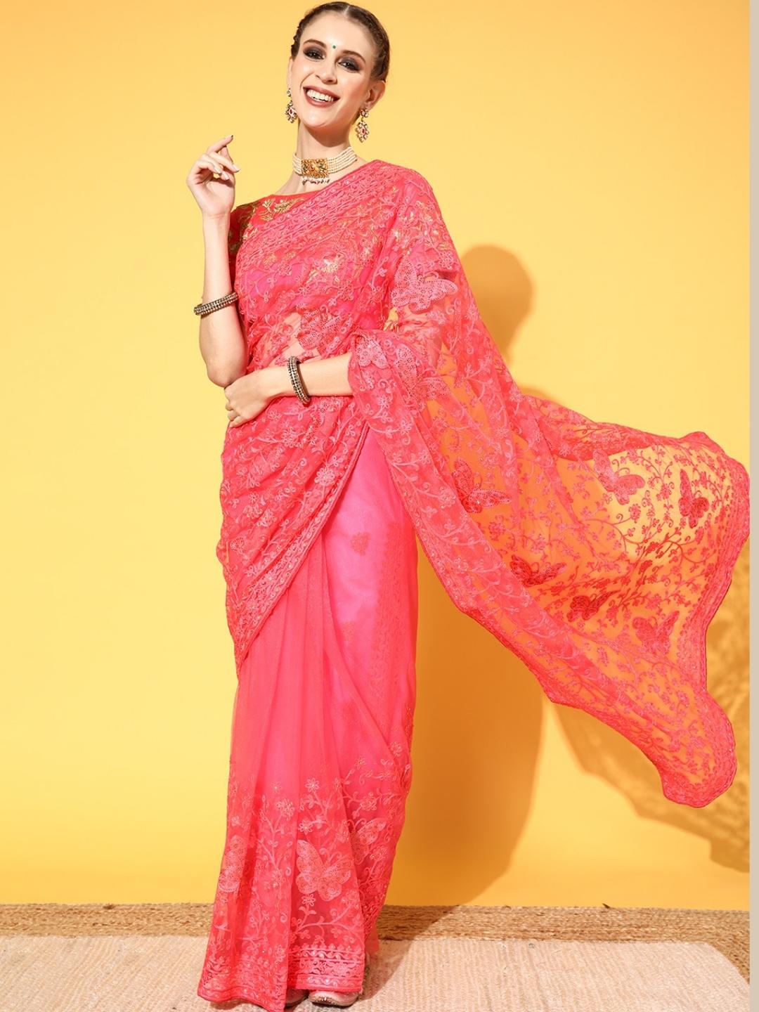 Bright Coral Resham Embroidered & Crystal Embellished Bridal Net Saree
