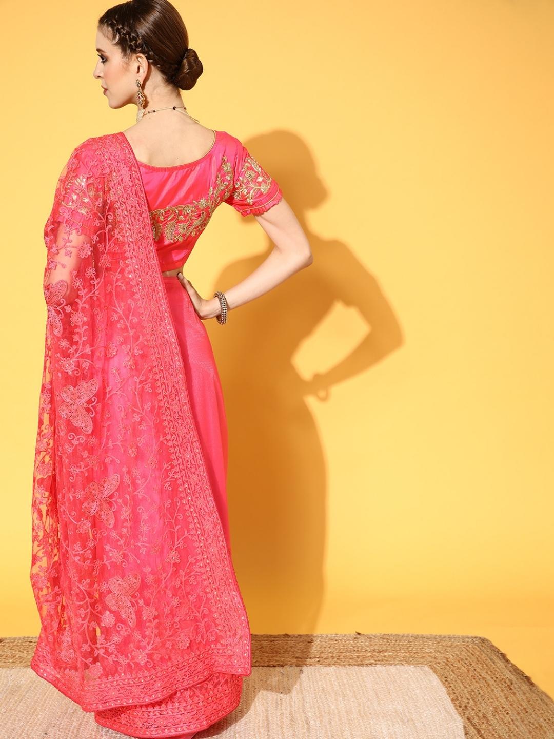 Bright Coral Resham Embroidered & Crystal Embellished Bridal Net Saree