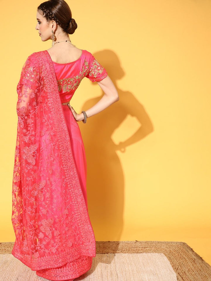 Bright Coral Resham Embroidered & Crystal Embellished Bridal Net Saree
