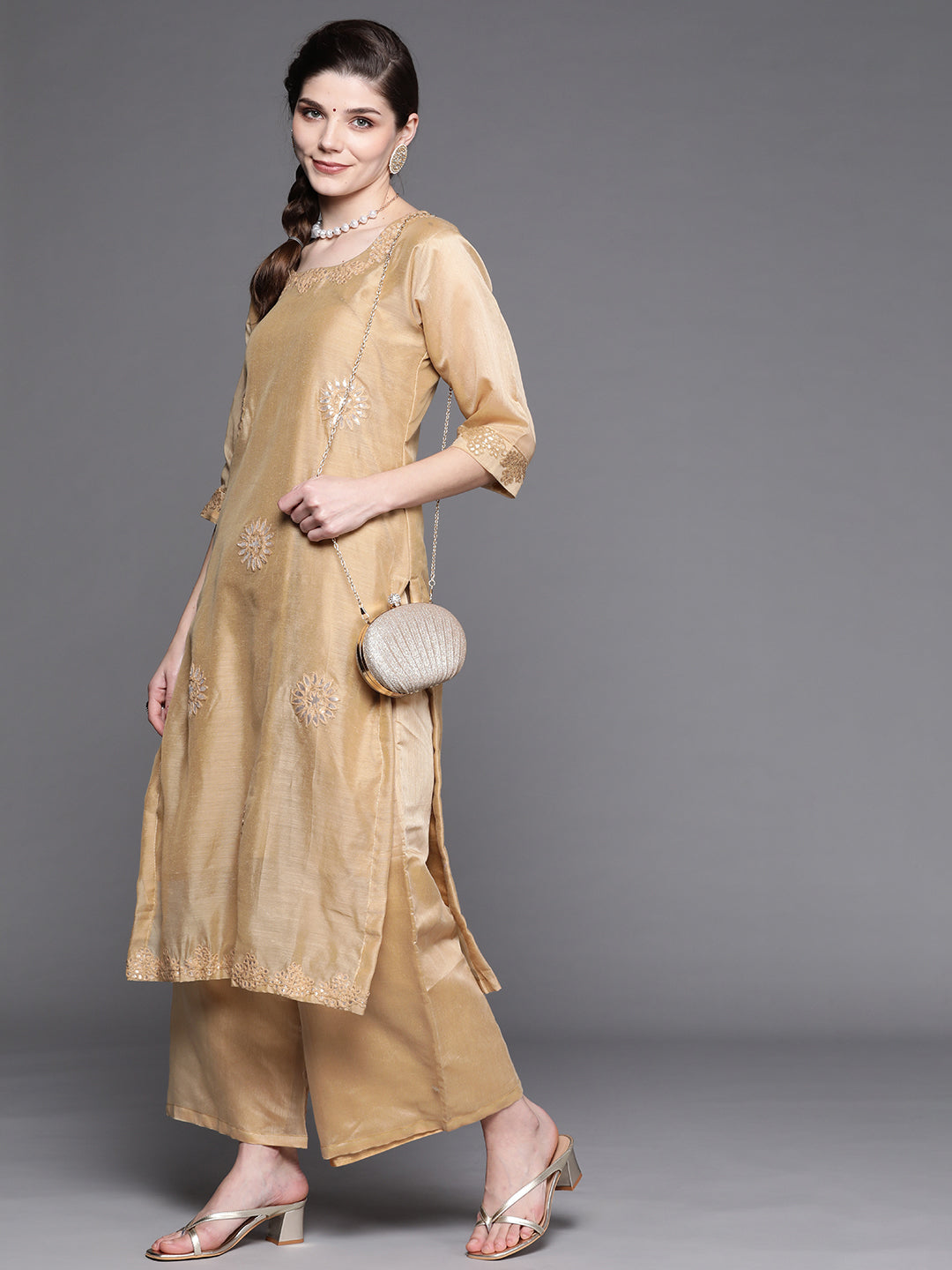 Beige Gotapatti Embroidery Kurta Pallazzo Set