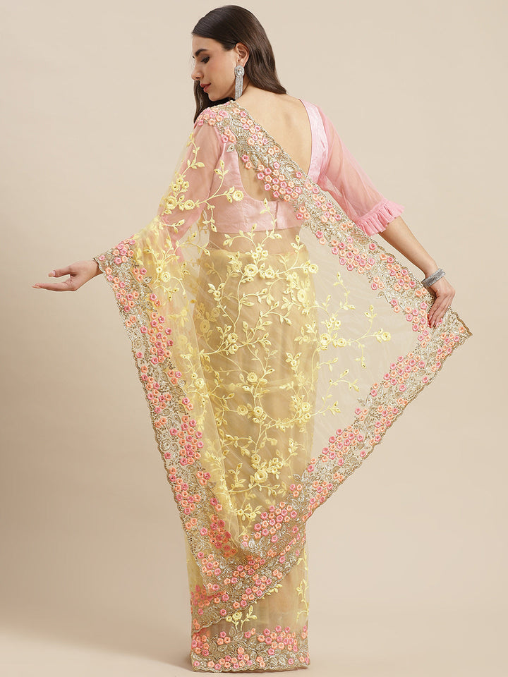 Pastel Net Zari & Resham Floral Saree With Crystal & Cutwork Border
