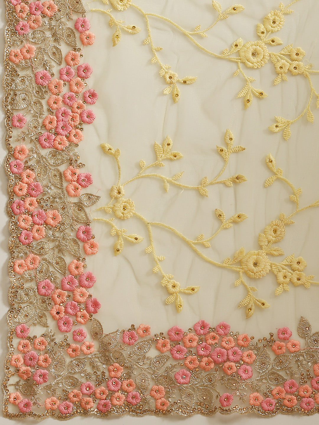 Pastel Net Zari & Resham Floral Saree With Crystal & Cutwork Border