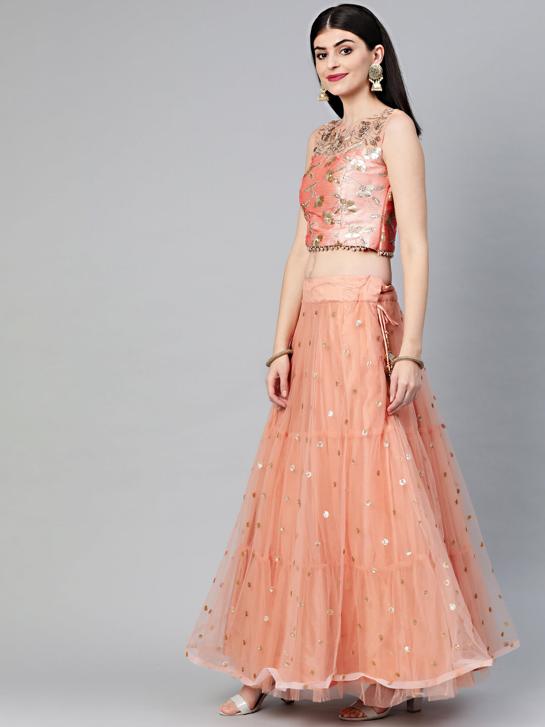 Sequinned Crop Top Lehenga Set with Embroidered dupatta