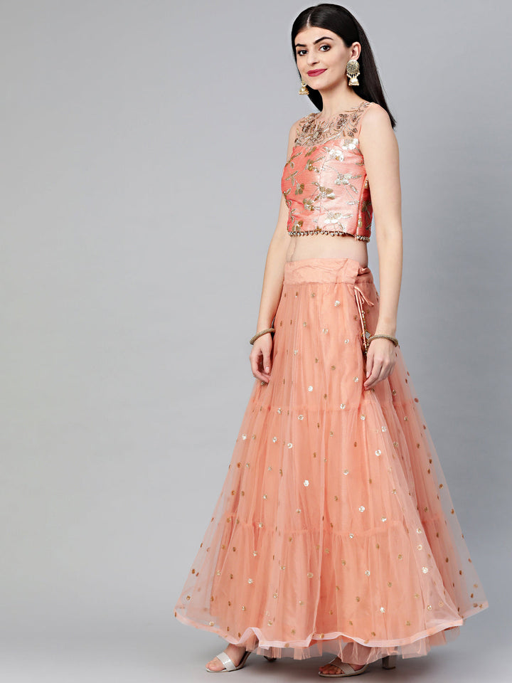 Sequinned Crop Top Lehenga Set with Embroidered dupatta