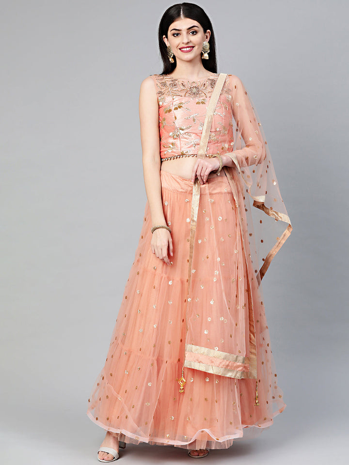 Sequinned Crop Top Lehenga Set with Embroidered dupatta