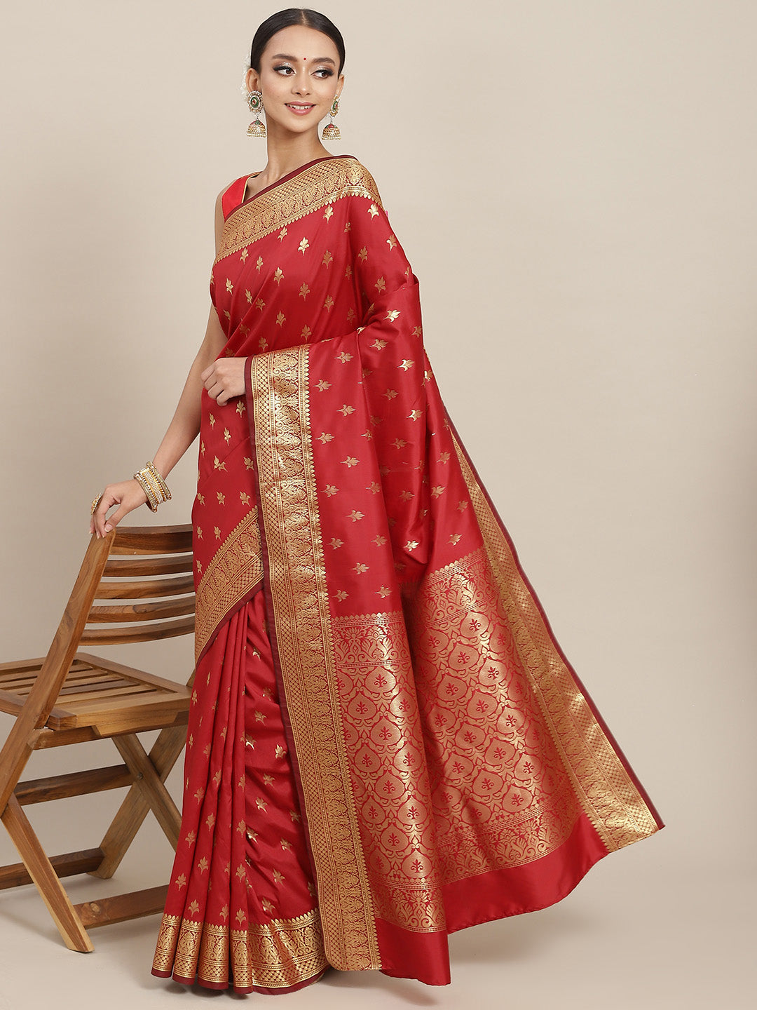 Red Ethnic Motifs Golden Zari Woven Mysore Silk Bridal Handloom Saree