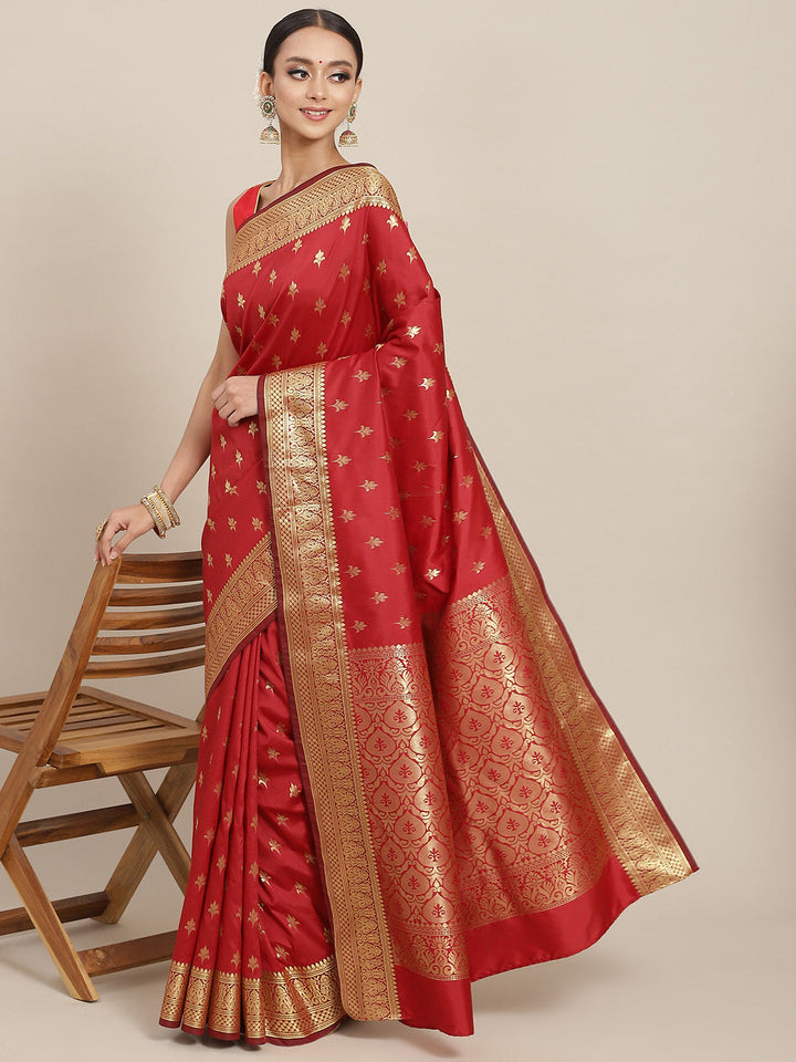 Red Ethnic Motifs Golden Zari Woven Mysore Silk Bridal Handloom Saree