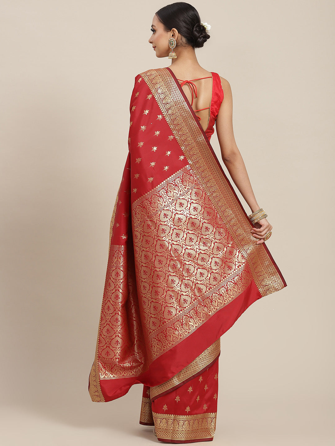 Red Ethnic Motifs Golden Zari Woven Mysore Silk Bridal Handloom Saree