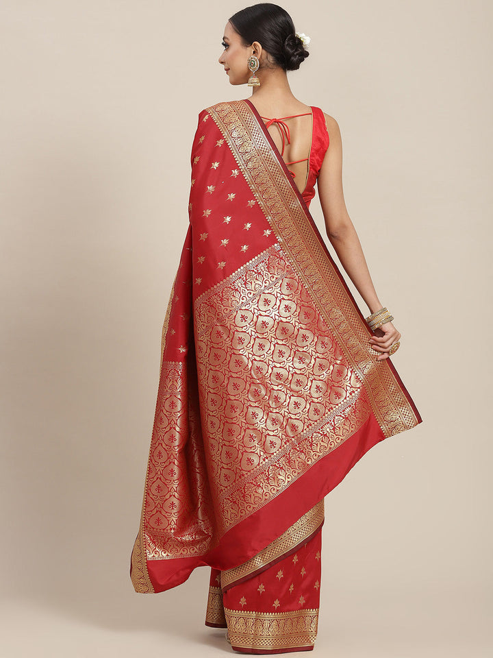 Red Ethnic Motifs Golden Zari Woven Mysore Silk Bridal Handloom Saree