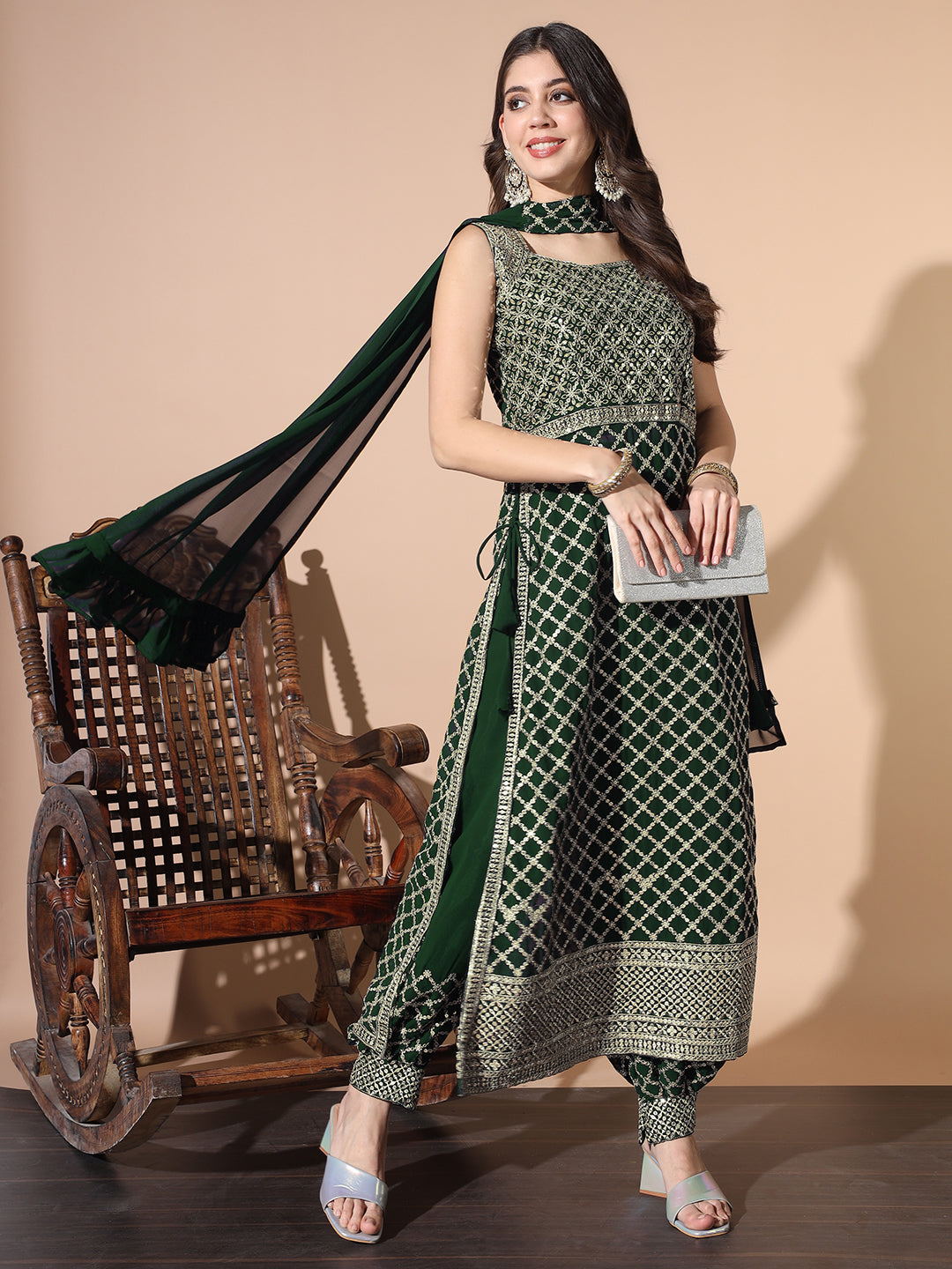 Chhabra 555 Sequinned Nyraa Style Kurta Set with Embroidered Afghan Harem Pants & Pre-Draped dupatta