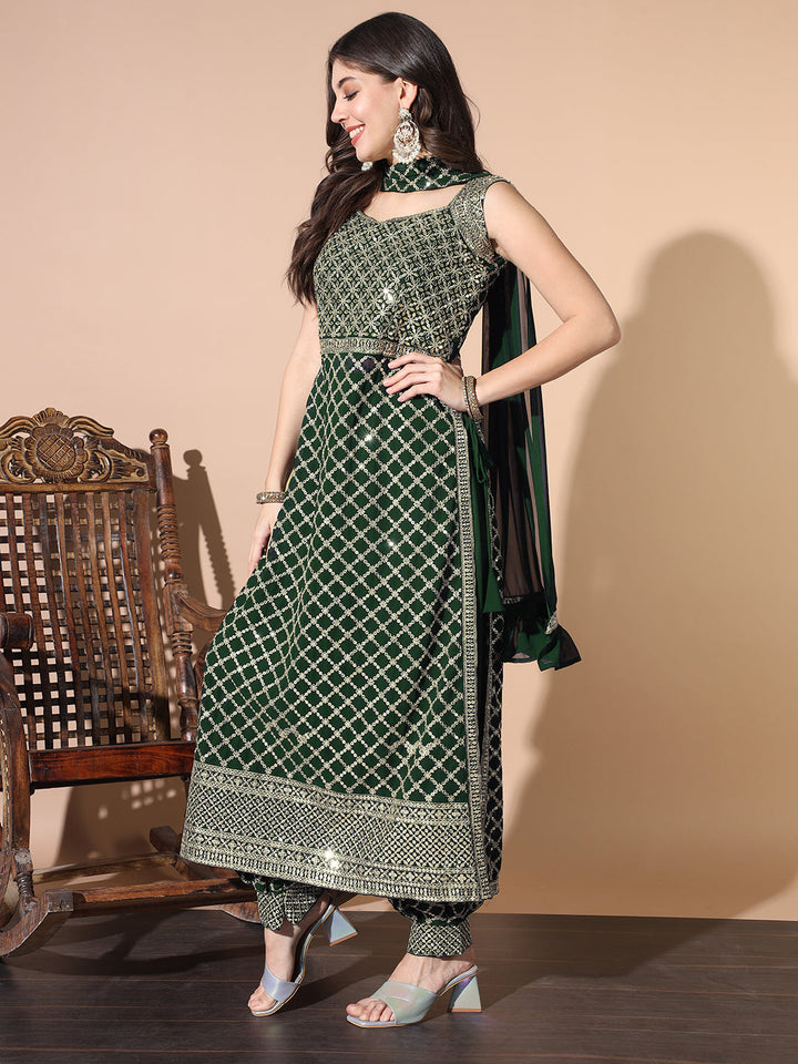 Sequinned Nyraa Style Kurta Set with Embroidered Afghan Harem Pants & Pre-Draped dupatta