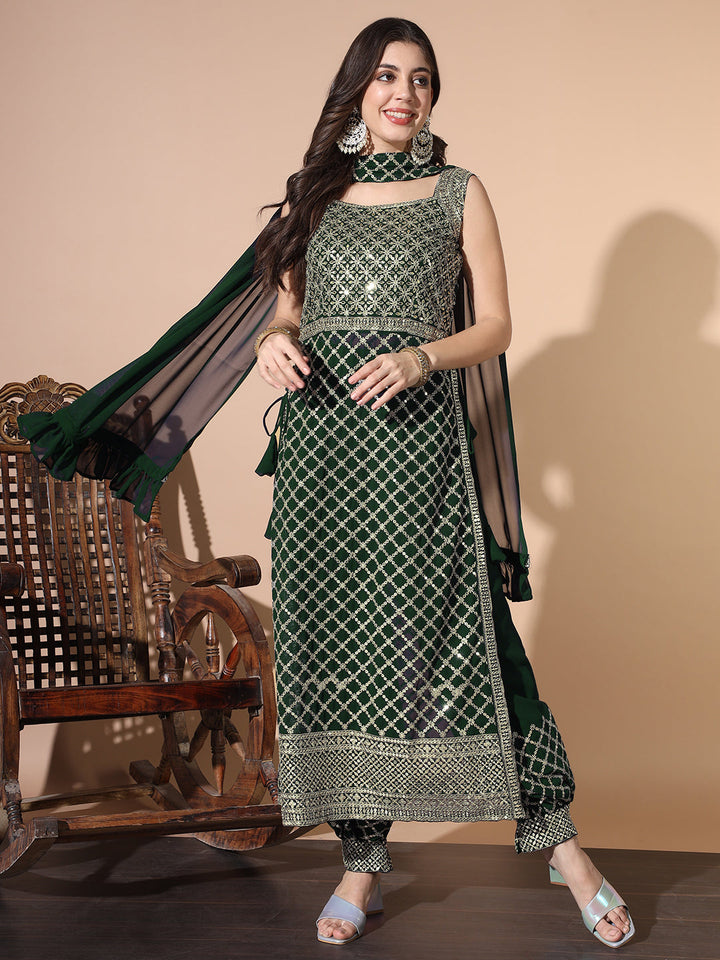 Sequinned Nyraa Style Kurta Set with Embroidered Afghan Harem Pants & Pre-Draped dupatta
