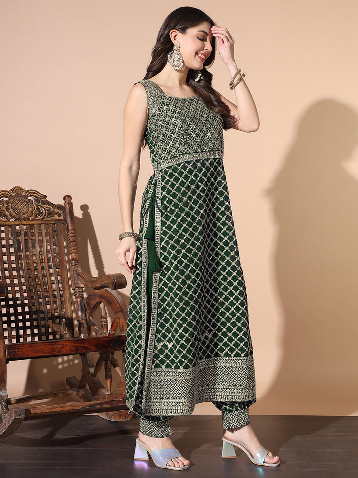 Sequinned Nyraa Style Kurta Set with Embroidered Afghan Harem Pants & Pre-Draped dupatta