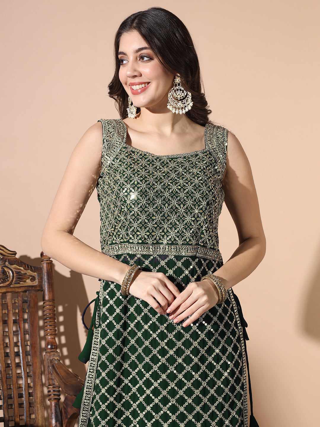 Sequinned Nyraa Style Kurta Set with Embroidered Afghan Harem Pants & Pre-Draped dupatta