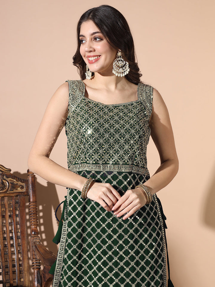 Sequinned Nyraa Style Kurta Set with Embroidered Afghan Harem Pants & Pre-Draped dupatta