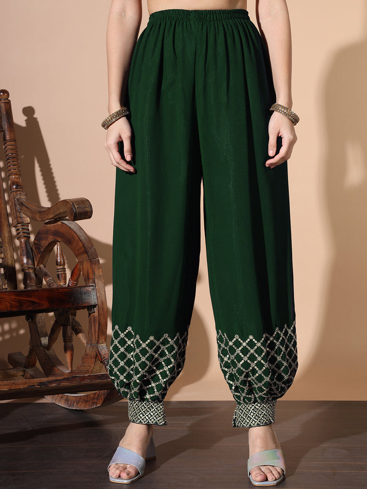 Sequinned Nyraa Style Kurta Set with Embroidered Afghan Harem Pants & Pre-Draped dupatta
