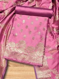 Chhabra 555 Banarasi Satin Silk Dress Material with Floral Rose Zari Weave & Tasseled dupatta 