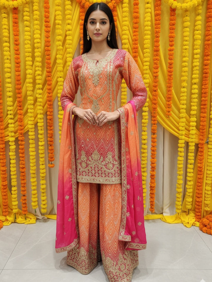 Ombre Bandhani Print Kurta Palazzo Set With Zari, Sequin Embroidery and Diamond Patterns